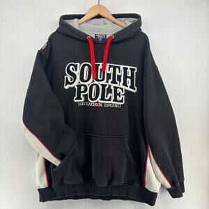 SOUTH POLE Hoodie Mens 2XL Thermal Fleece Y2K Pullover Sweatshirt Black VTG